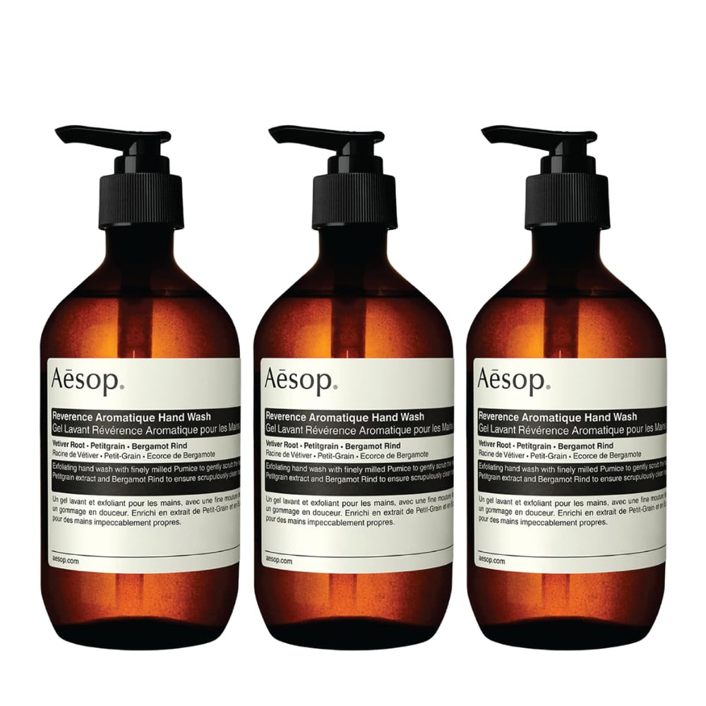 Aesop Reverencia Aromática lavado de manos, pack 3, botella visible, cuidado diario suave.