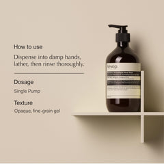Aesop Reverencia Aromática lavado de manos, textura de pumita fina para exfoliación suave.