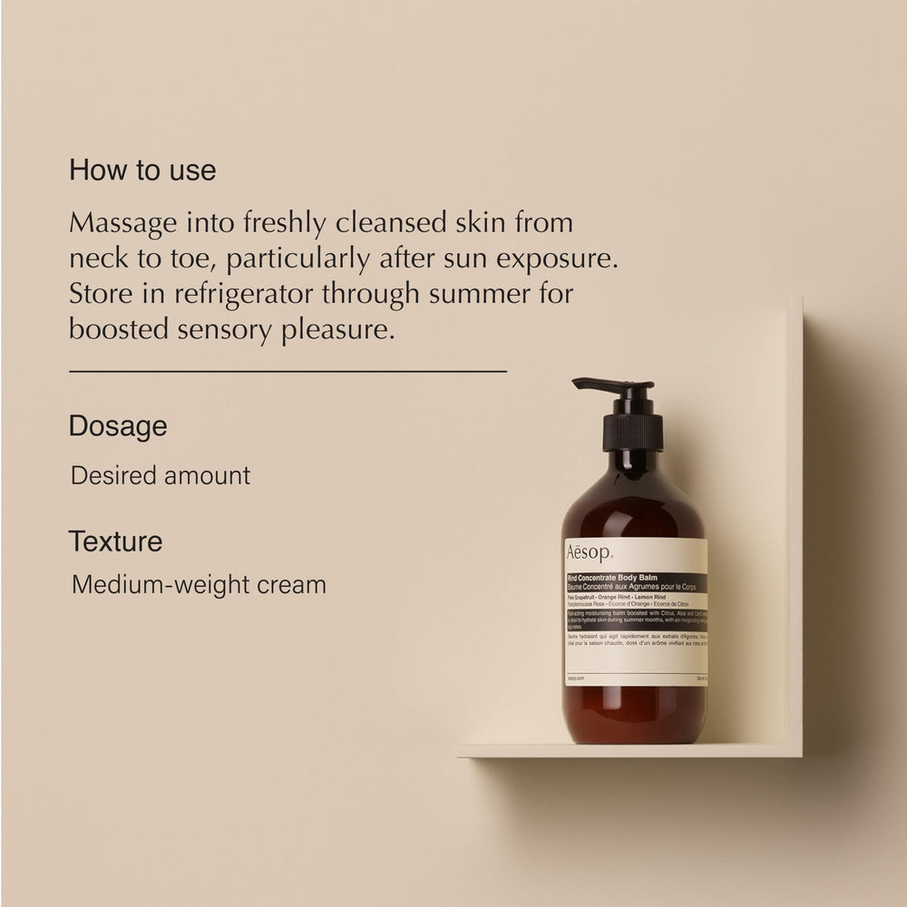 Aesop bálsamo corporal de corteza, textura de absorción rápida para piel suave tras la ducha.