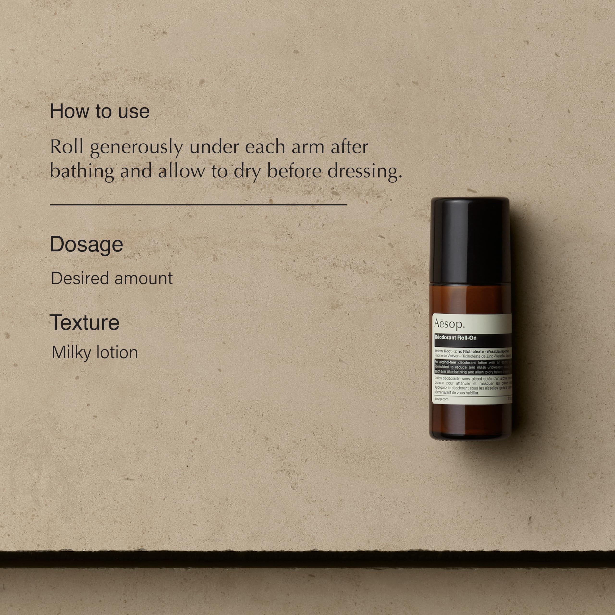 Aplicación suave bajo la axila con Aesop Roll-On.