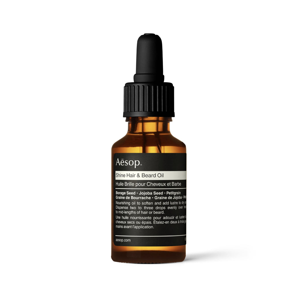 Aesop Shine, botella de aceite para pelo y barba, brillo suave sin acumulación.