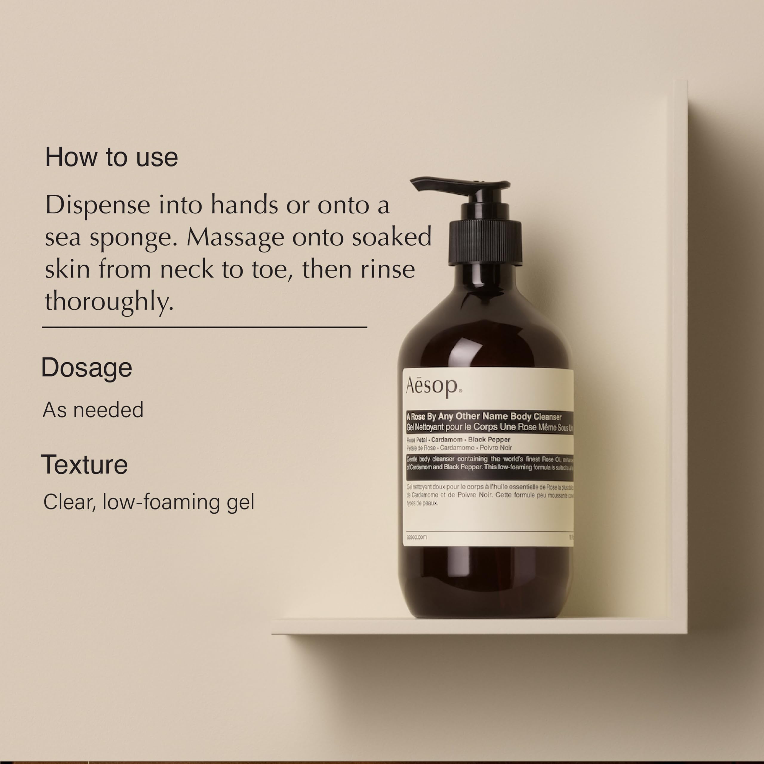 Aesop textura gel aromático con aroma floral cálido para limpieza delicada.