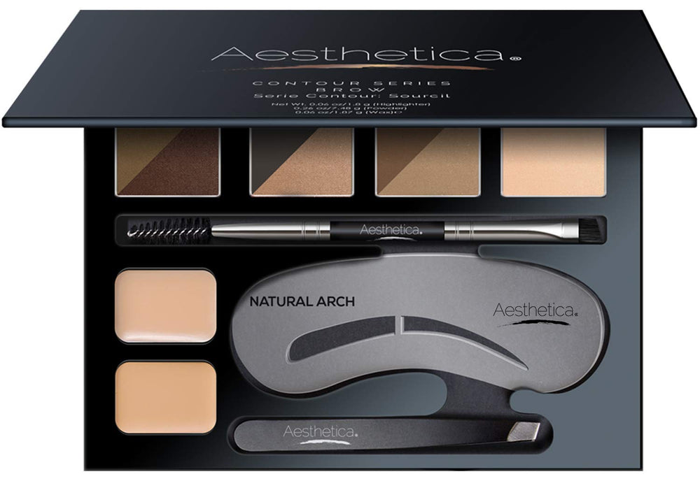 Conjunto de Contorno de Cejas Aesthetica presenta una paleta de 16 piezas para definición precisa.