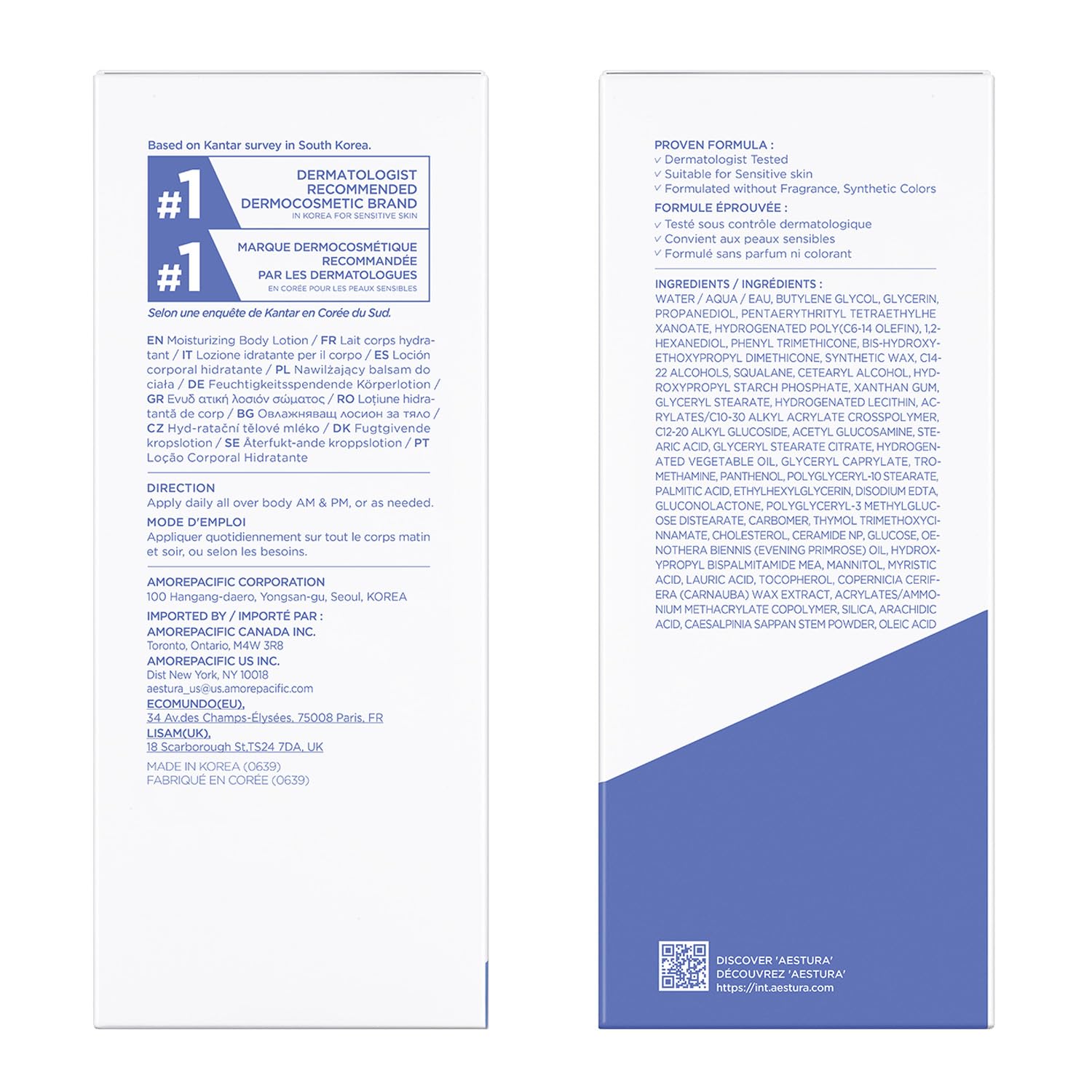 AESTURA ATOBARRIER365 frasco de 400 mL ofrece hidratación duradera.