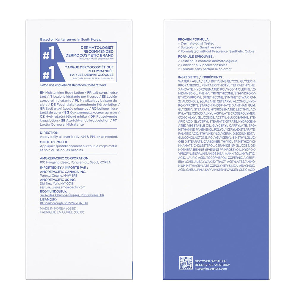 AESTURA ATOBARRIER365 frasco de 400 mL ofrece hidratación duradera.