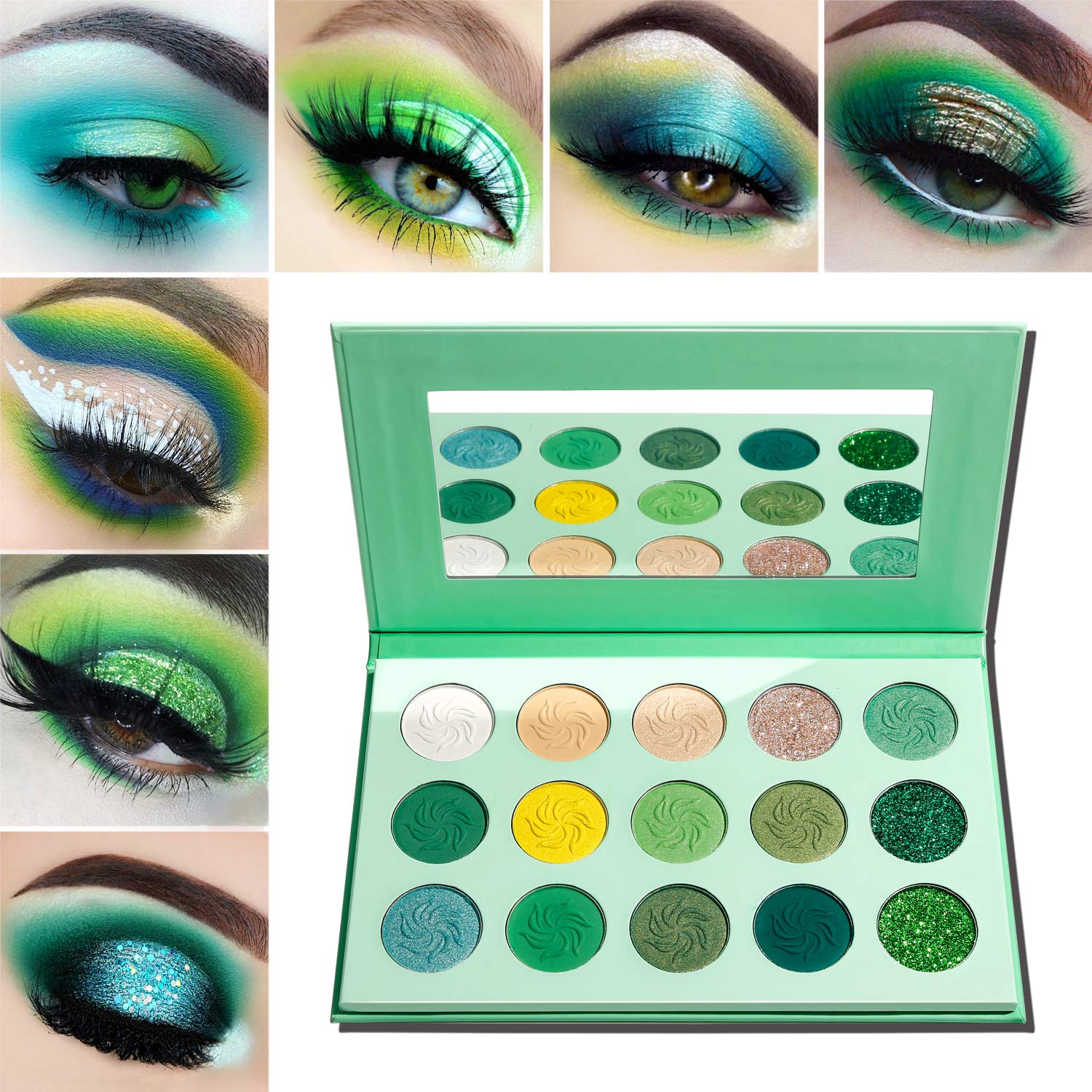 Paleta Afflano con sombras verdes esmeralda para maquillajes intensos.