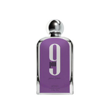 Afnan 9 PM Pour Femme, frasco de vidrio dorado, diseño elegante para regalo