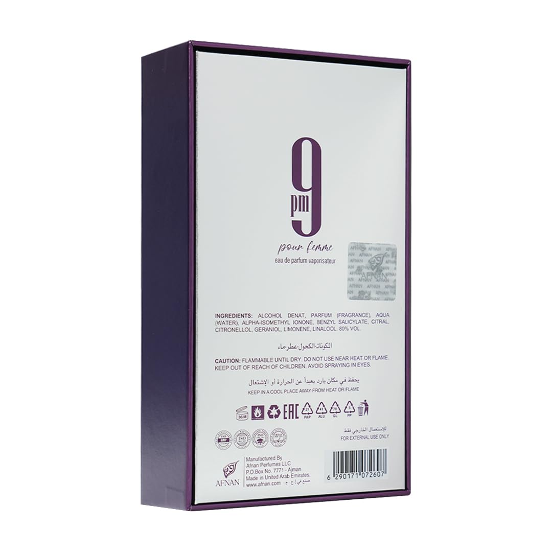 Afnan 9 PM Pour Femme, notas de violeta, toque floral suave para ocasiones