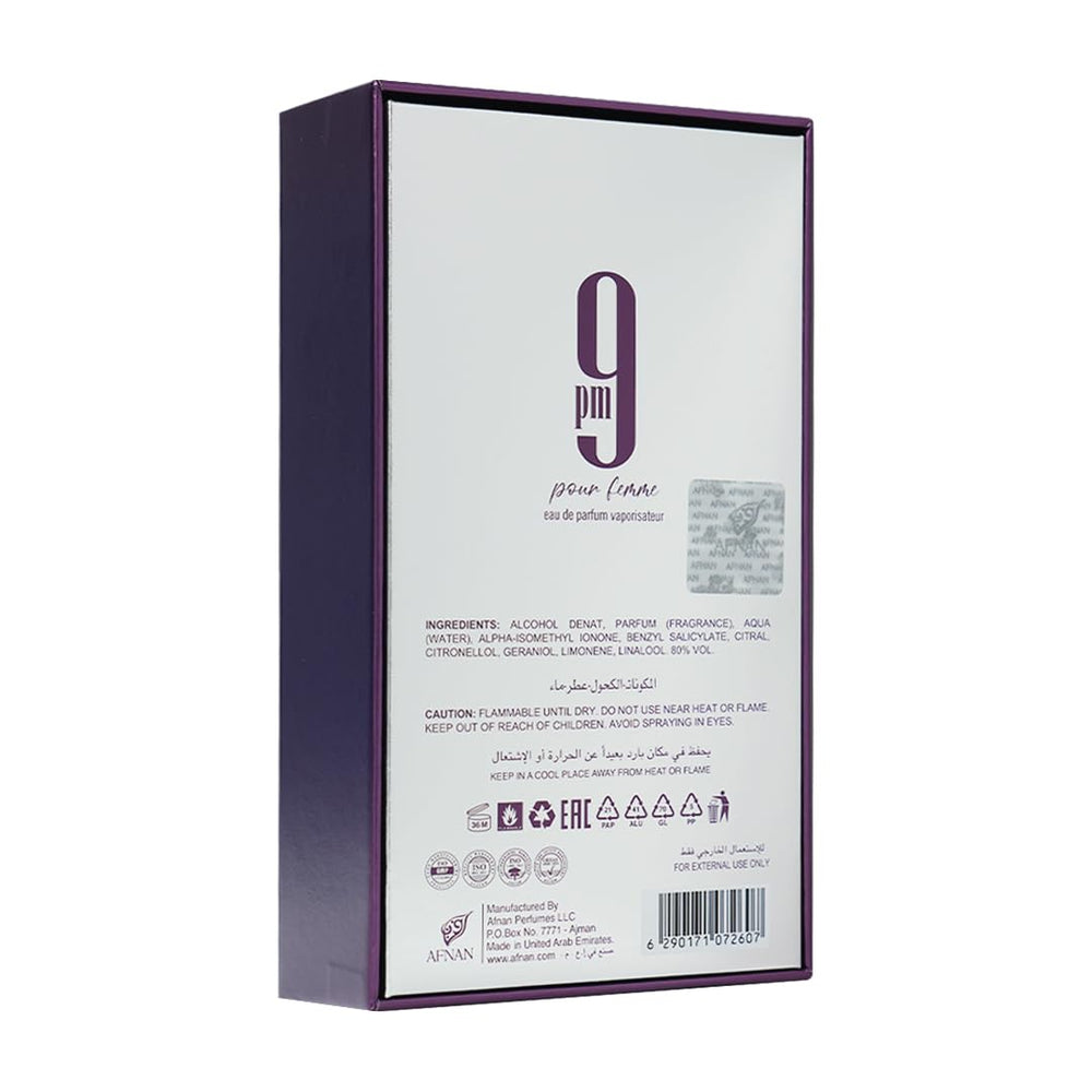 Afnan 9 PM Pour Femme, notas de violeta, toque floral suave para ocasiones