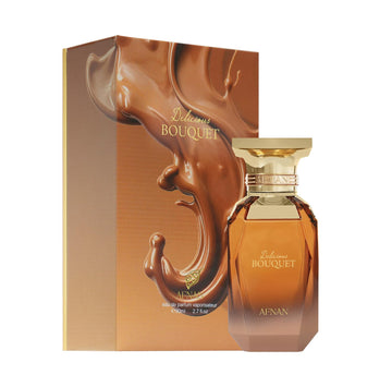 Afnan Delicious Bouquet, corazón floral con azahar, toque dulce suave.
