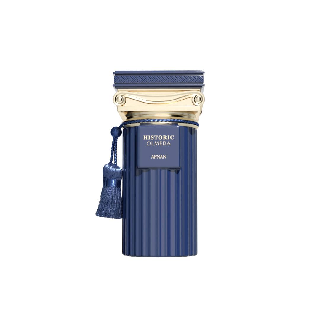 Afnan Historic Olmeda, frasco frontal, perfume elegante para uso diario.
