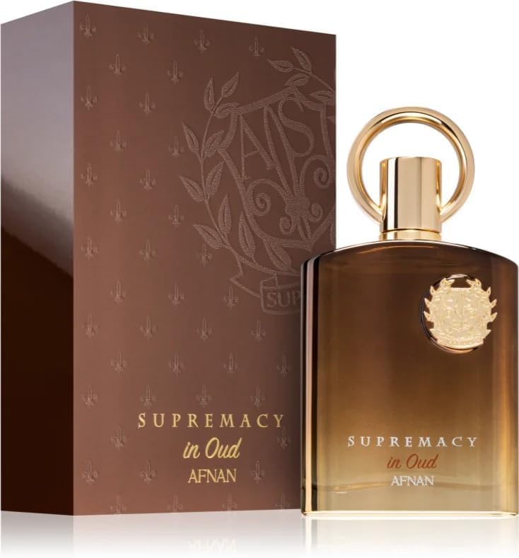 Afnan Supremacy in Oud detalle de la etiqueta, estética premium.