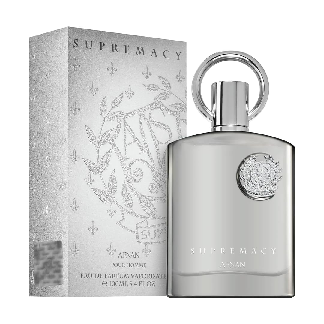 Afnan Supremacy Silver: detalle de la etiqueta, sugiere sofisticación y regalo ideal.