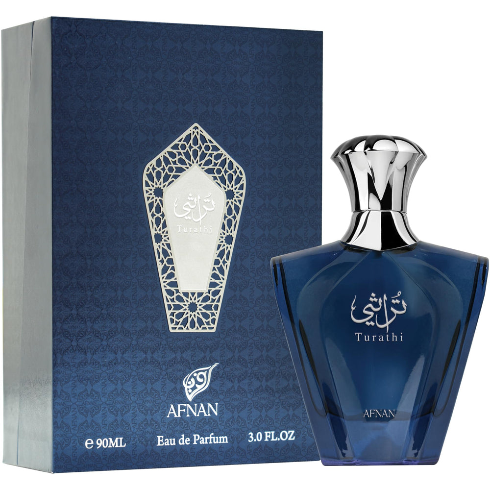 Afnan Turathi Blue, empaque y caja, presentación premium para regalo.