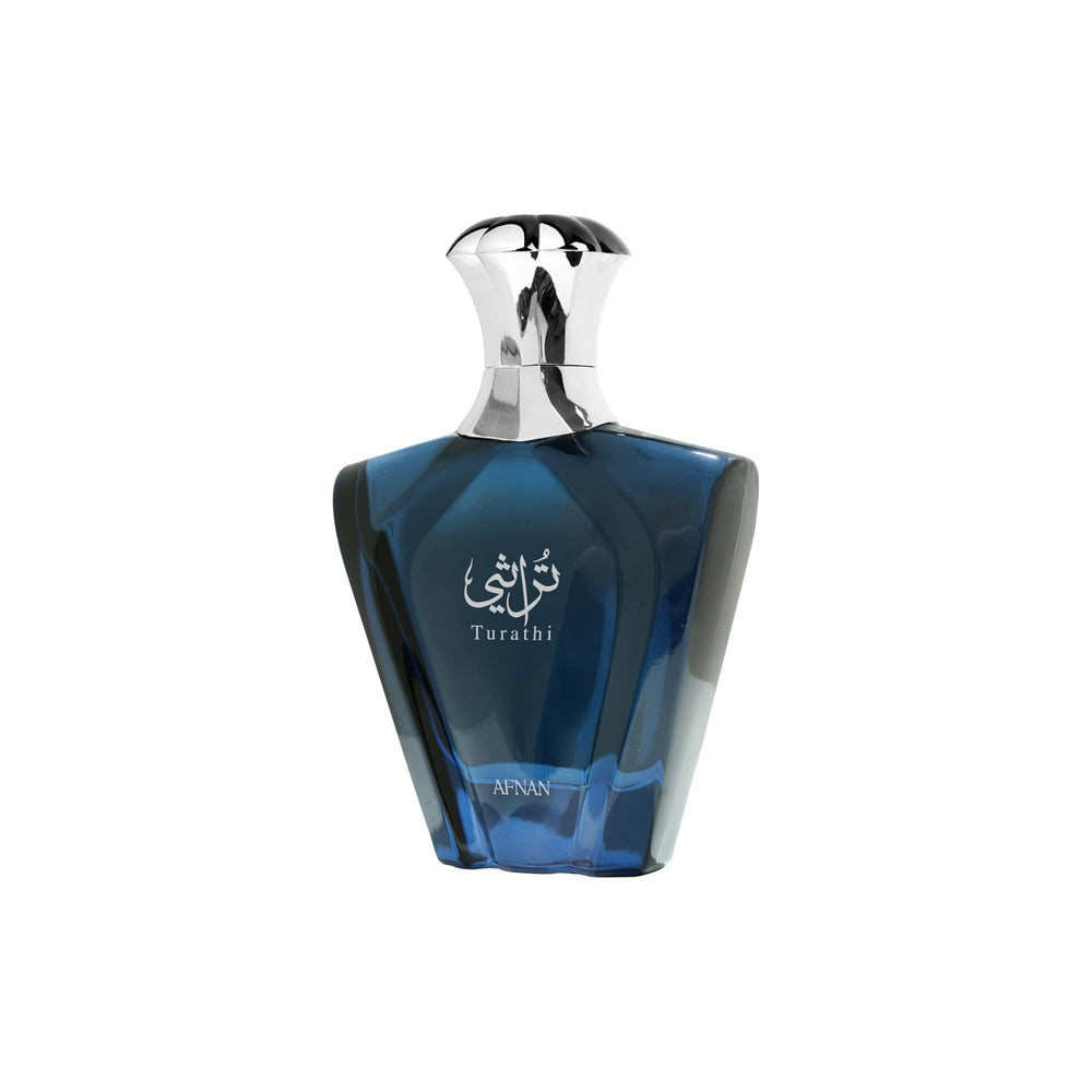 Afnan Turathi Blue, detalle de tapa, toque masculino y elegante.