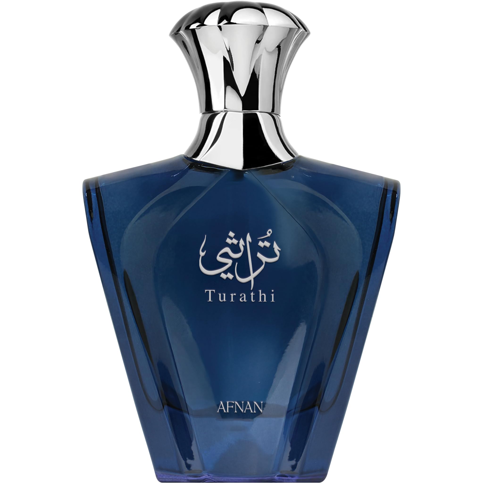 Afnan Turathi Blue, frasco frontal, aroma refrescante para uso diario.