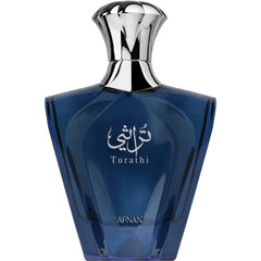 Afnan Turathi Blue, frasco frontal, aroma refrescante para uso diario.