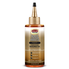 African Pride Black Castor Miracle botella closeup, sellado de humedad para mechones