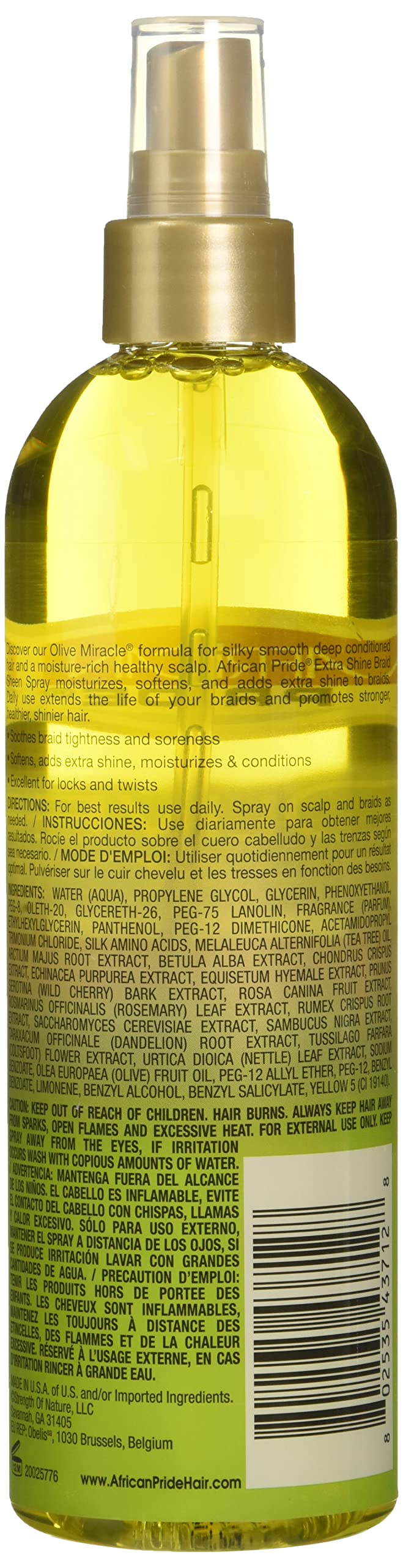 African Pride Braid Sheen Extra Spray aplica fácilmente para cabello natural o sintético.