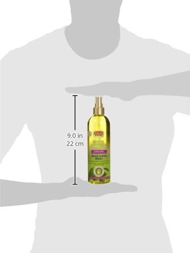 African Pride Braid Sheen Extra Spray logra brillo duradero en el cabello.