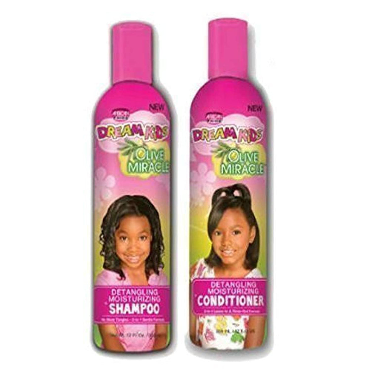 African Pride Dream Kids Olive Miracle champú en botella, desenreda y aporta brillo.