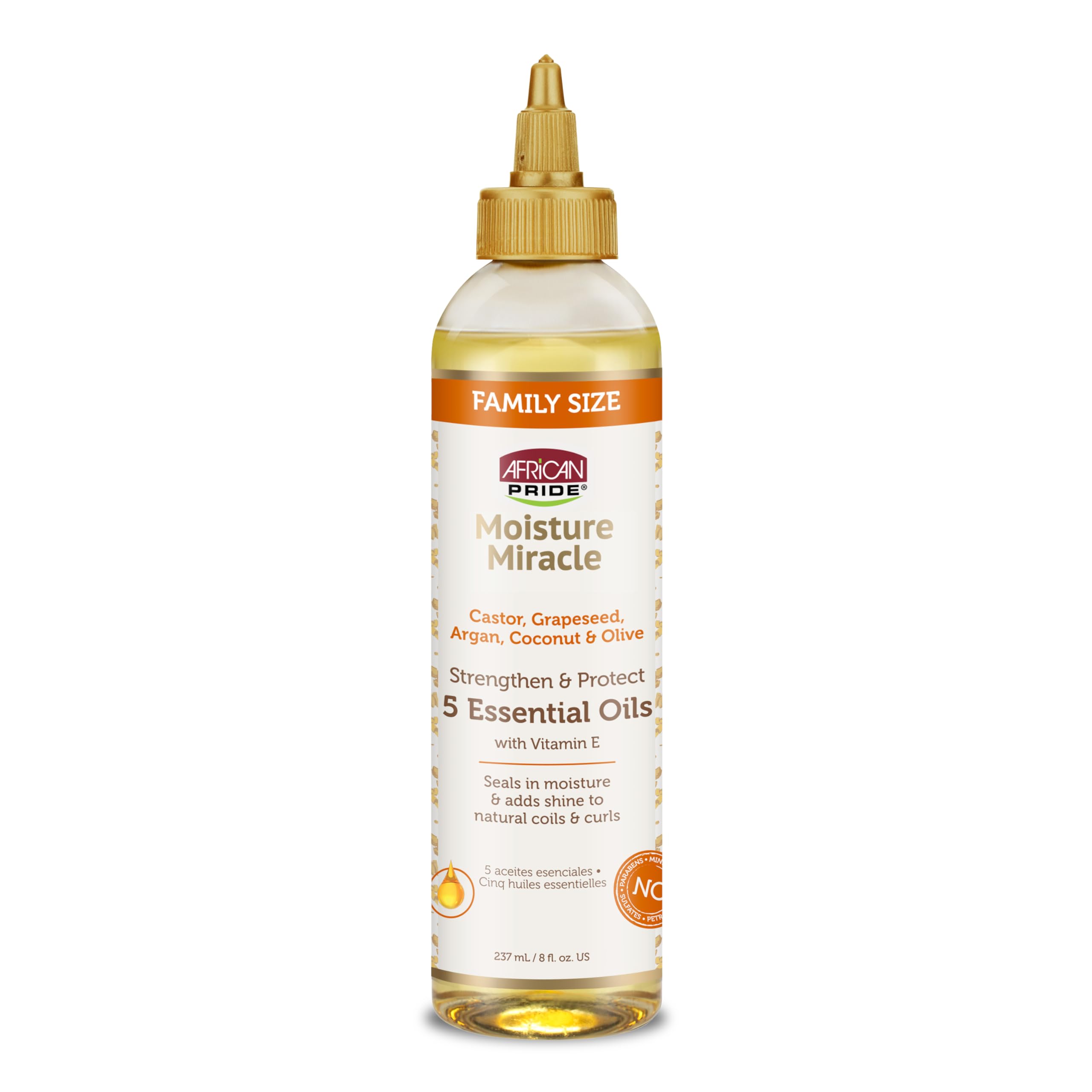 African Pride Moisture Miracle 5 Oils bottle showing lightweight hydration for shine