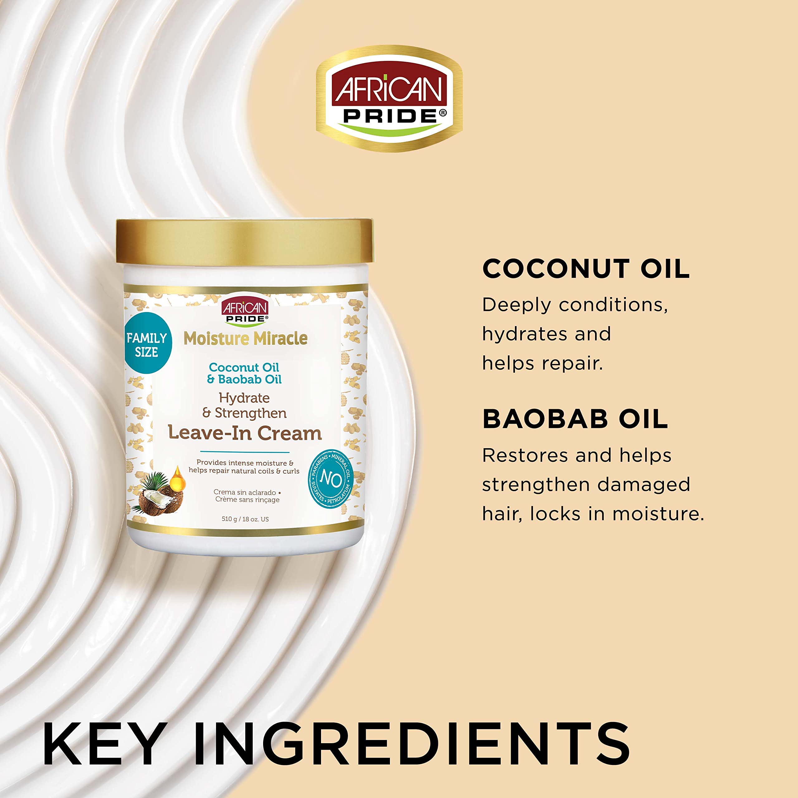 African Pride Moisture Miracle con aceite de coco para nutrir el cabello.