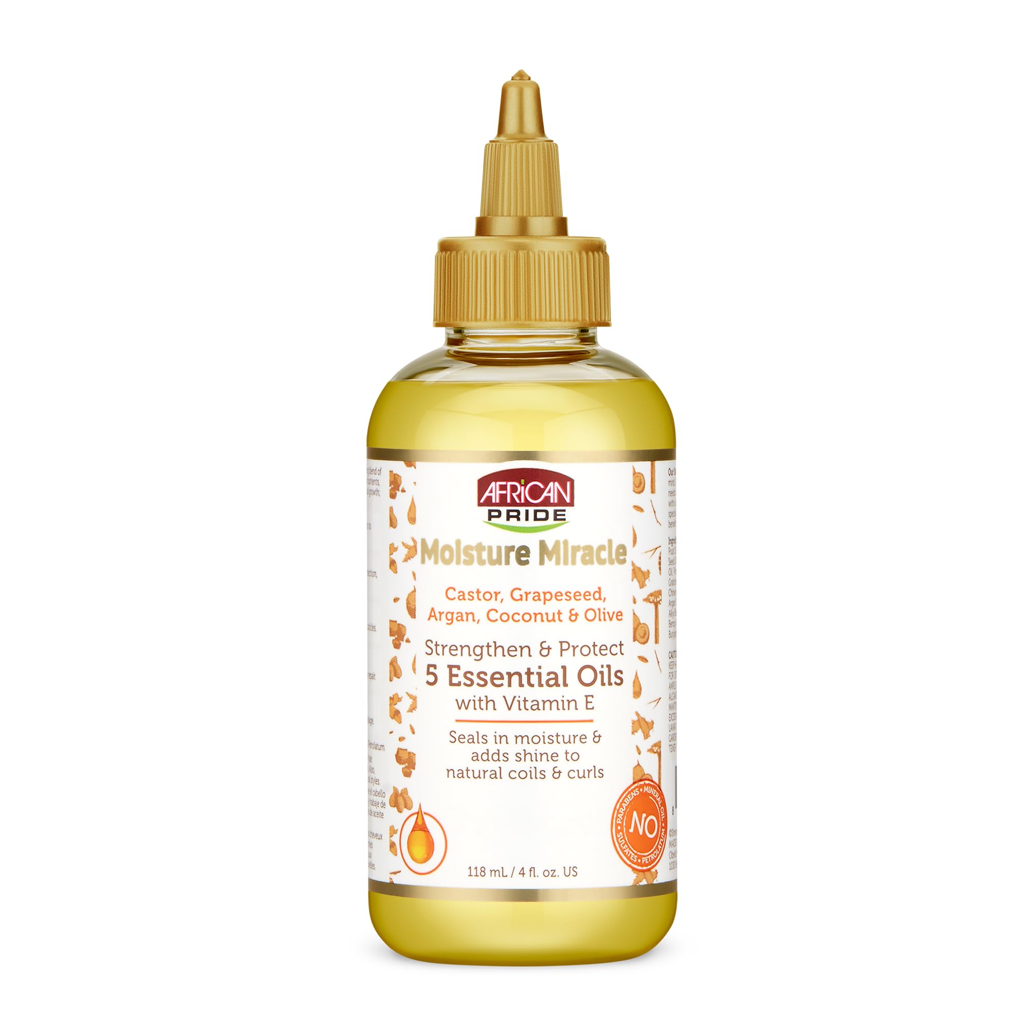 African Pride Moisture Miracle, botella de aceites, hidrata suavemente el cabello.