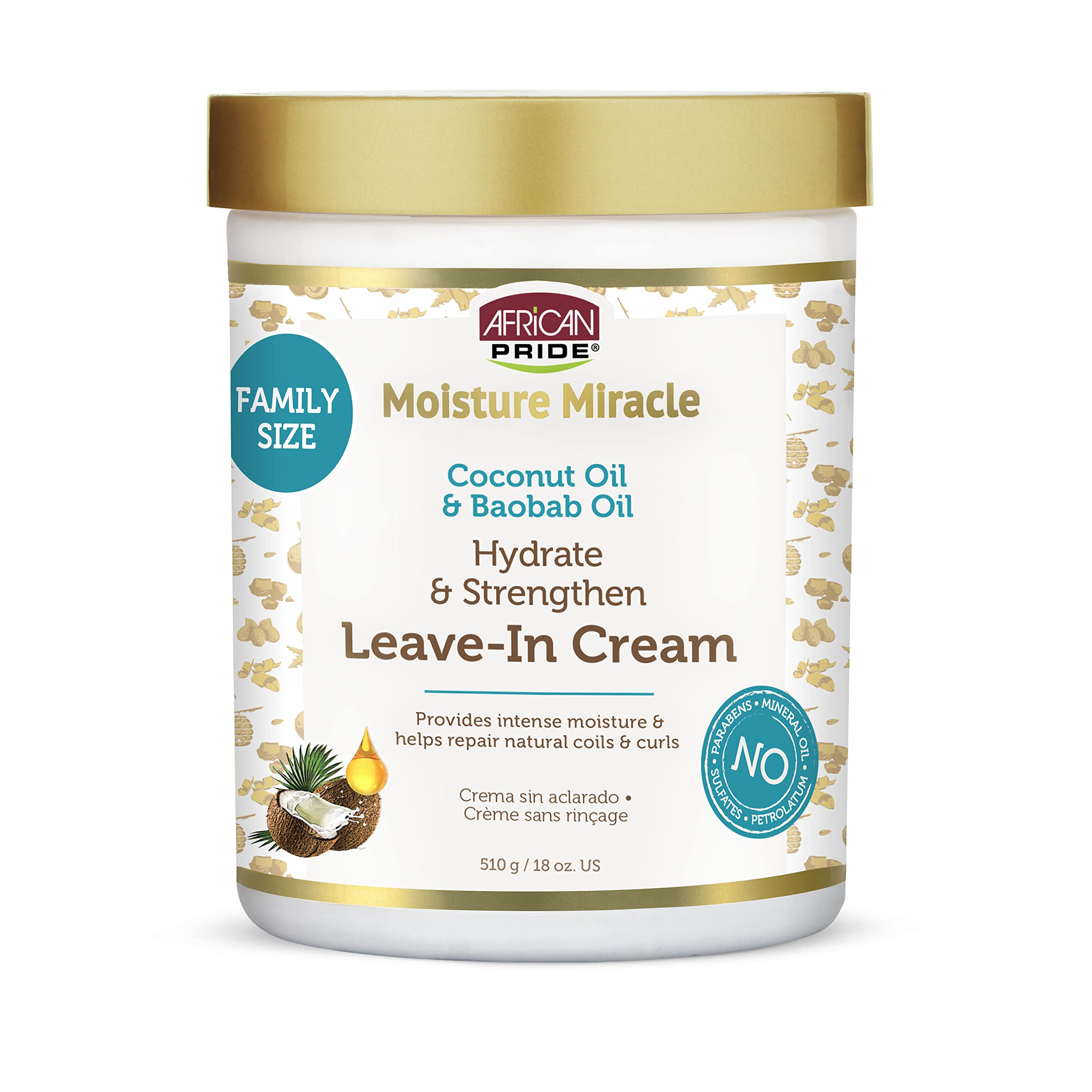 African Pride Moisture Miracle crema sin enjuague para cabello rizado, aporta hidratación duradera.