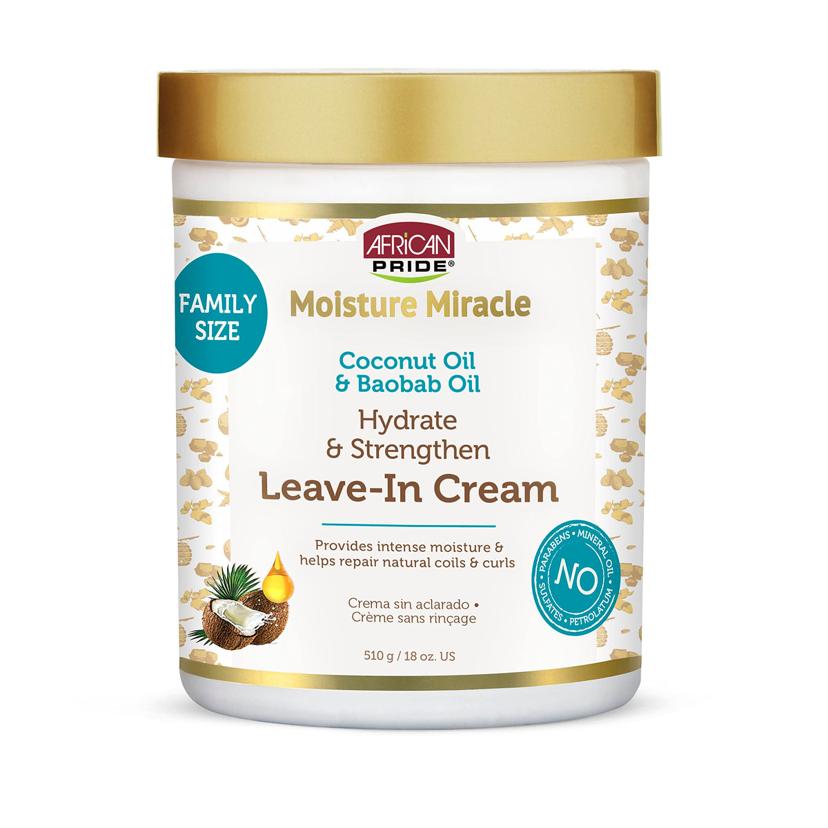 African Pride Moisture Miracle crema sin enjuague para cabello rizado, aporta hidratación duradera.