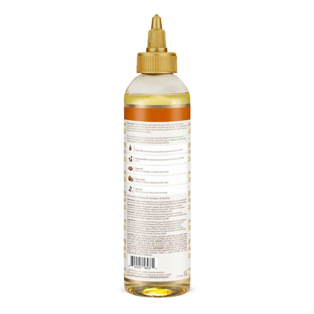 Application of African Pride Moisture Miracle 5 Oils on hair for conditioning