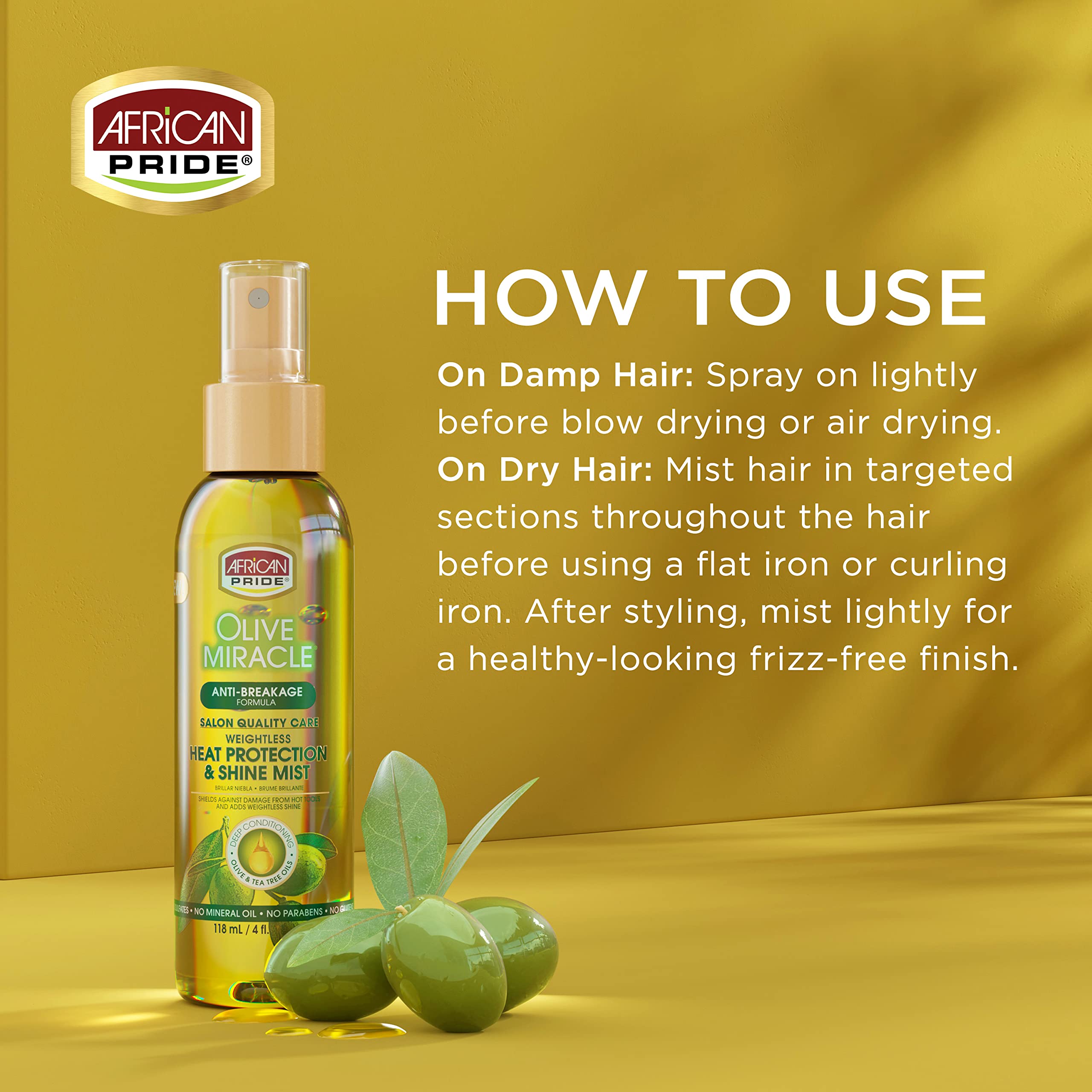 African Pride Olive Miracle aporta brillo suave y reduce el encrespamiento para looks lisos