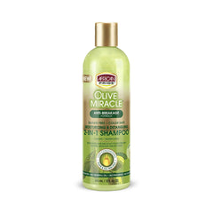 African Pride Olive Miracle champú y acondicionador 2 en 1 para hidratación profunda.