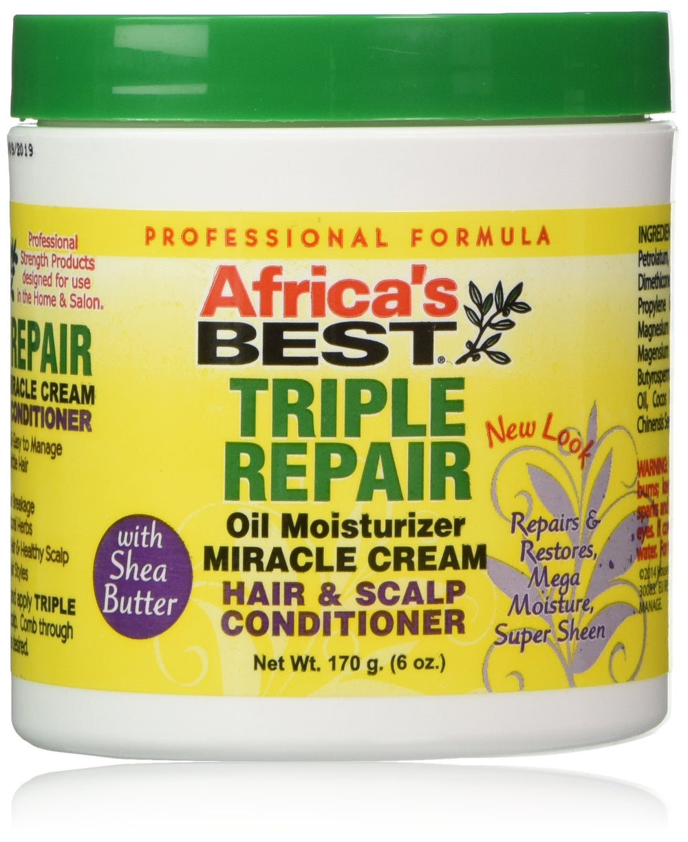Africa's Best Triple Repair Oil, botella vertiendo, hidratación profunda para cabello y cuero cabelludo.