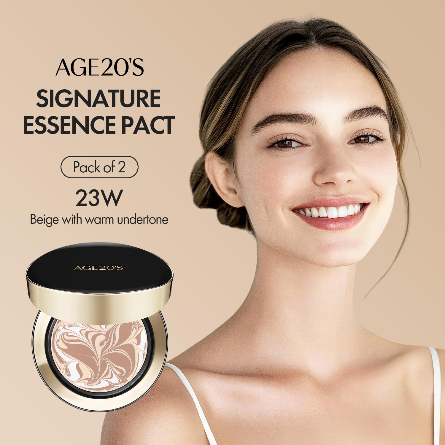 AGE 20's Signature Essence Pact SPF50+ acabado brillo húmedo y natural.