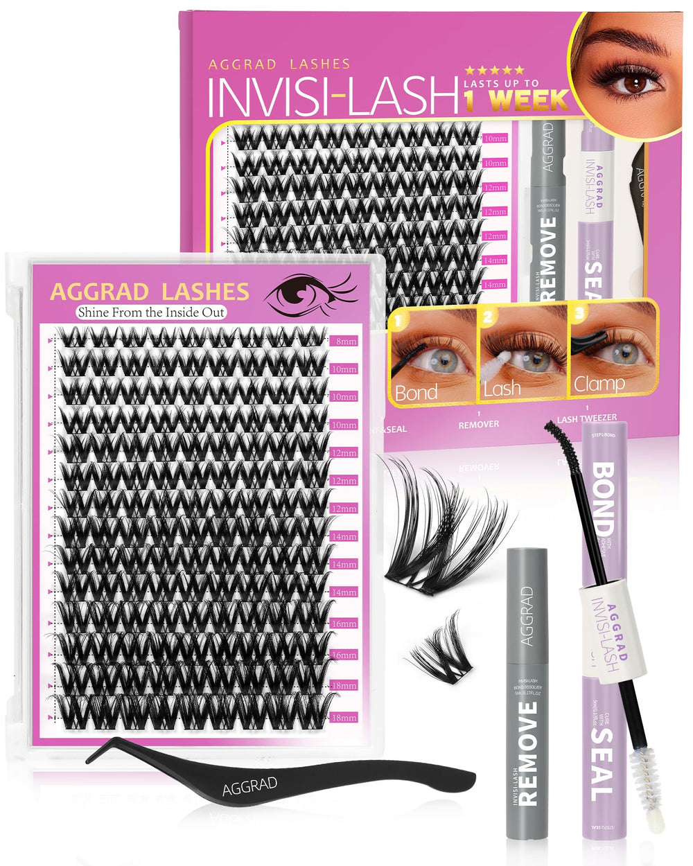 AGGRAD Flora Lash Clusters con banda negra invisible para look natural y cómodo.