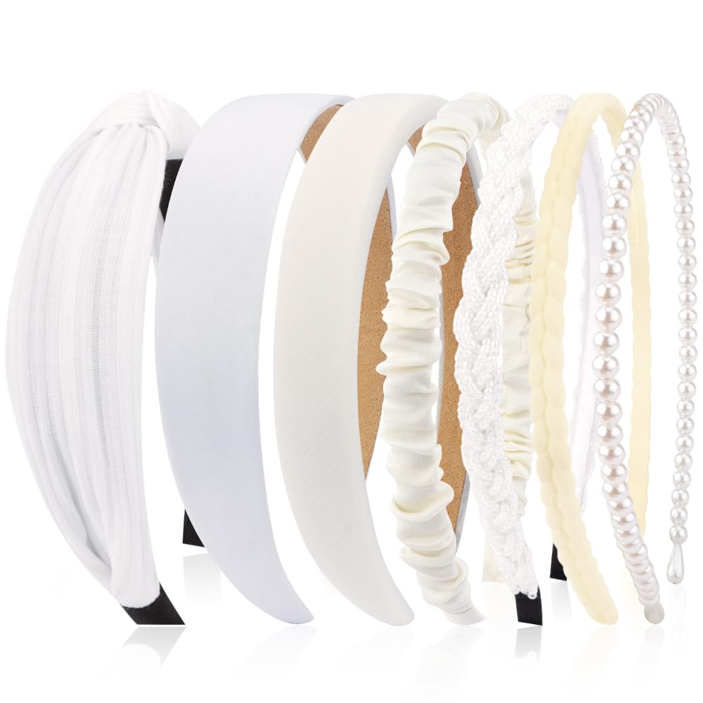 Diademas AHONEY blancas, set de 7 estilos neutros para uso diario.