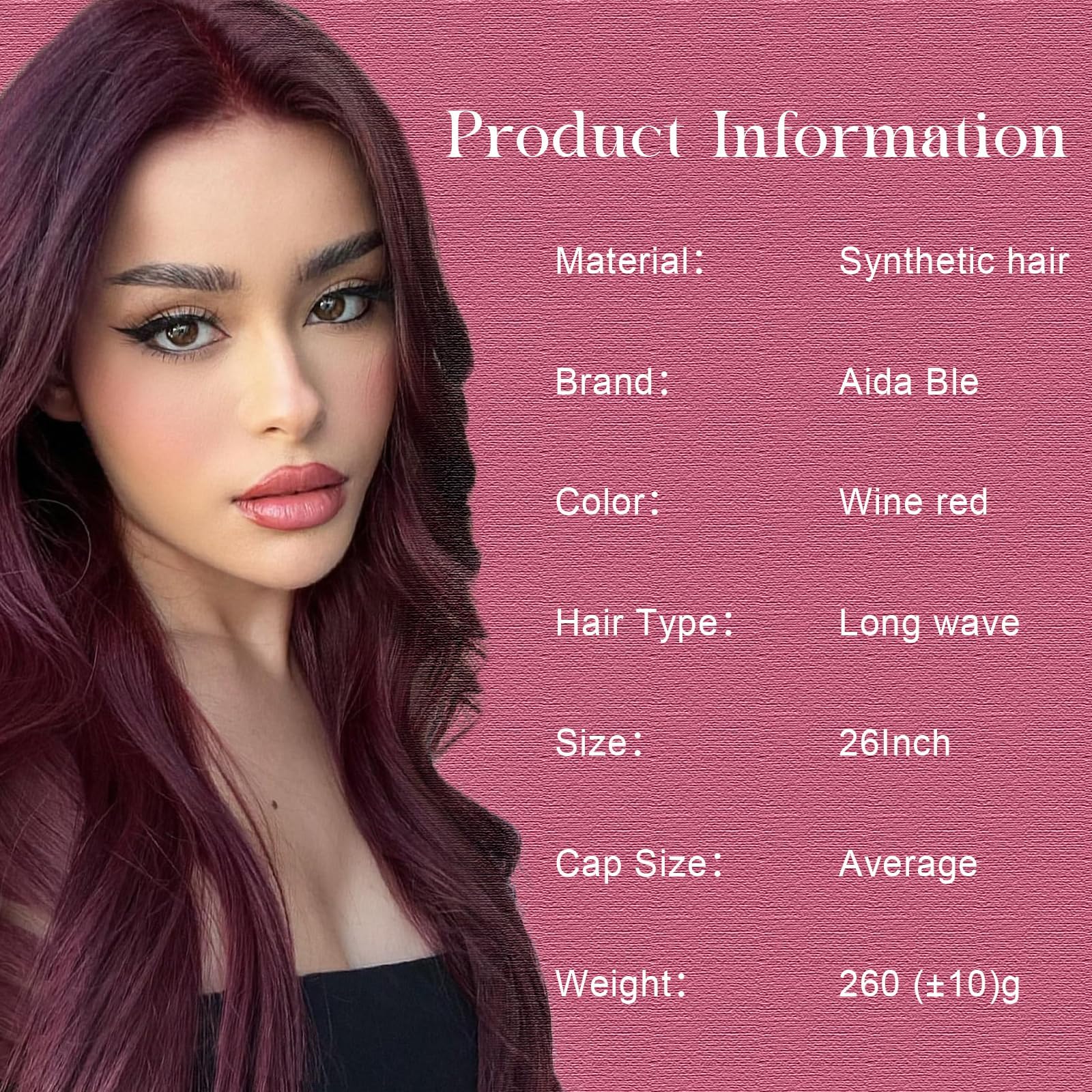 Peluca Aida ble, color vino tinto y aspecto natural para looks elegantes.