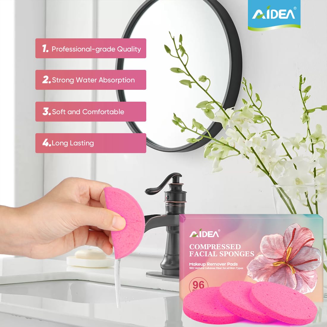 Éponge visage AIDEA rose pratique pour l’application de soins.