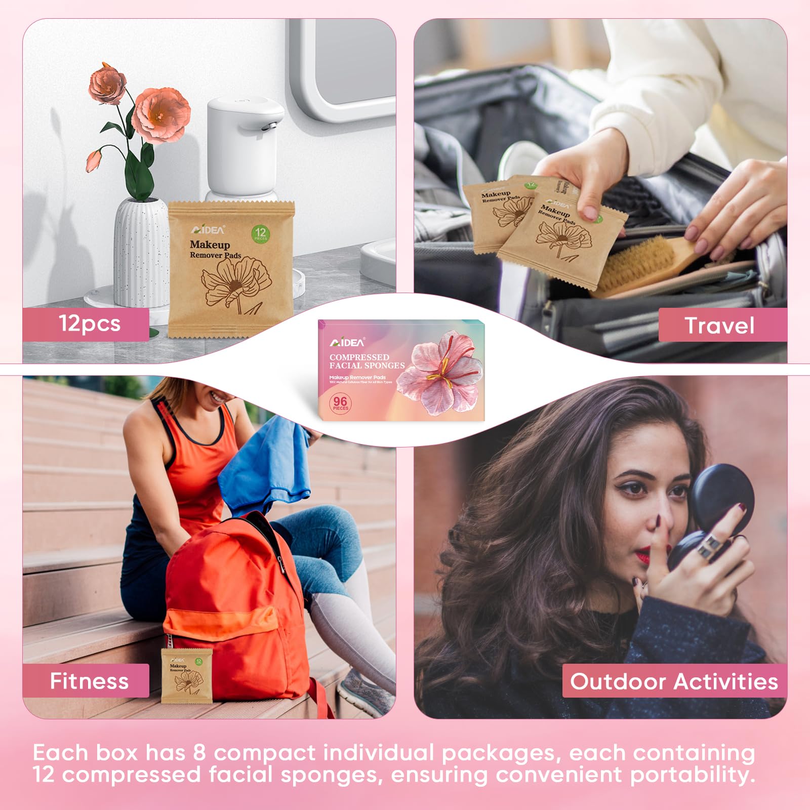 Éponge compacte AIDEA rose, parfaite en voyage pour la routine beauté.