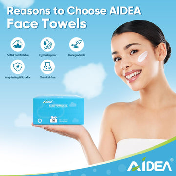 AIDEA XL, toallas faciales desechables, tamaño ideal para viaje y transporte.