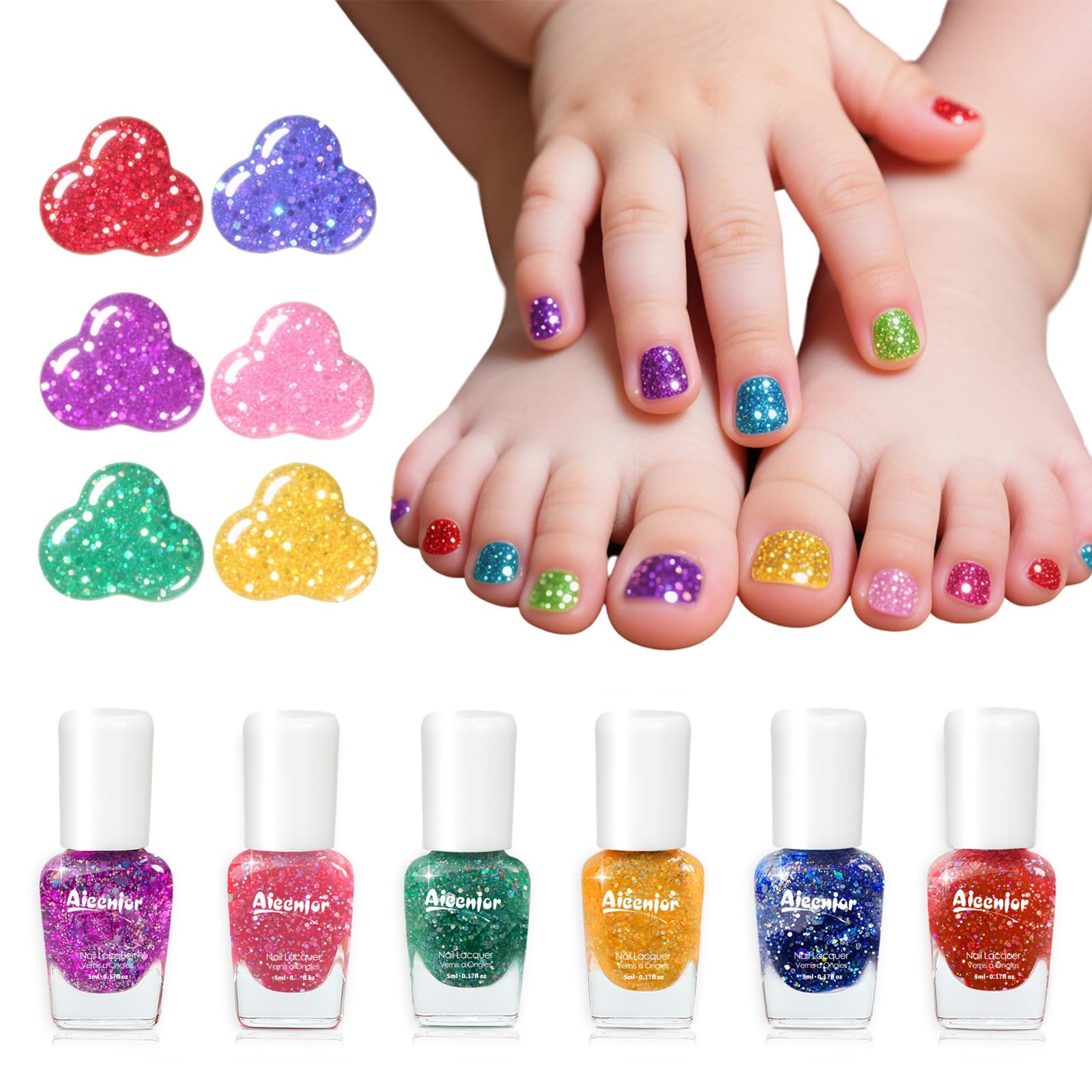 Esmalte infantil Aieenjor con arcoiris de seis colores para uñas divertidas.