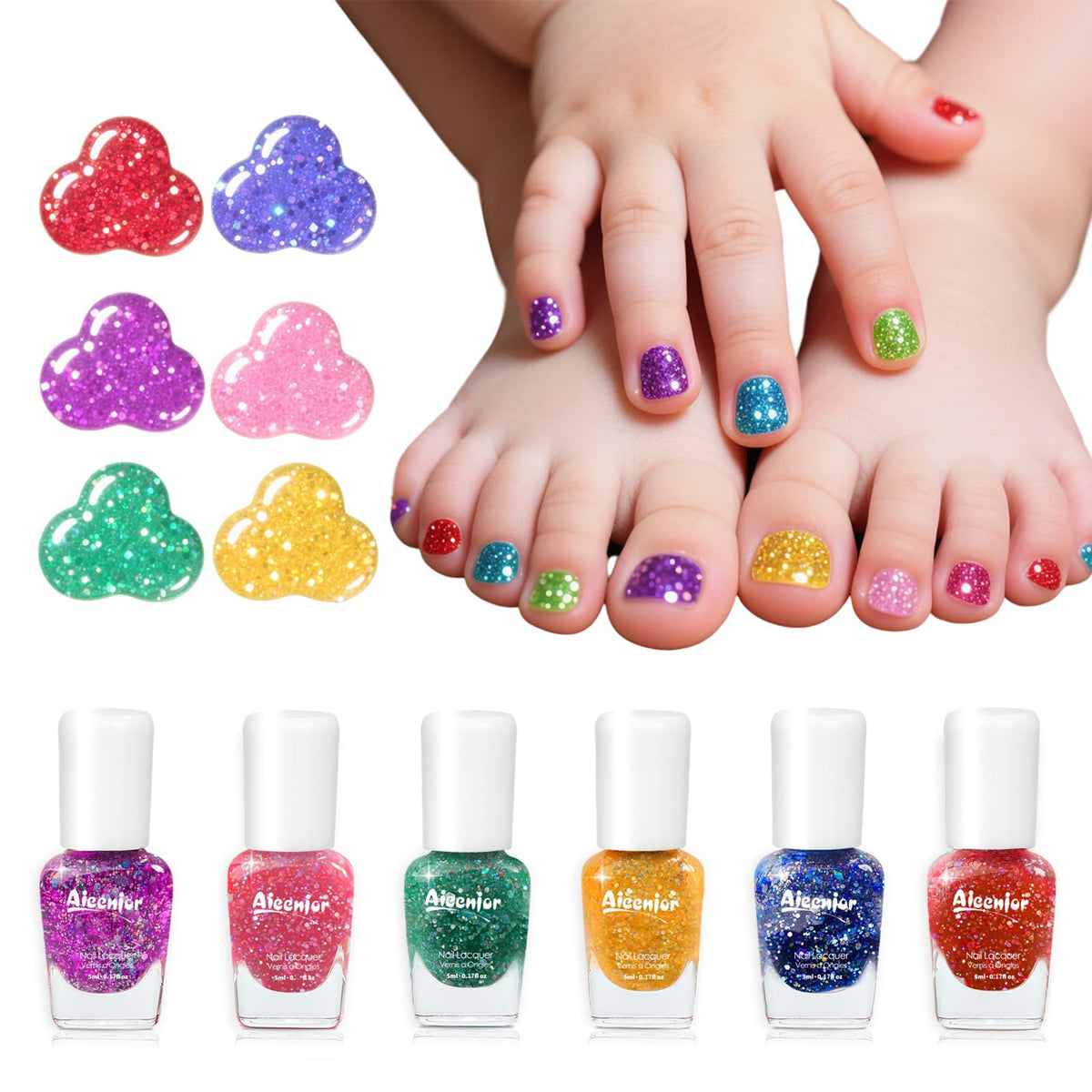 Esmalte infantil Aieenjor con arcoiris de seis colores para uñas divertidas.