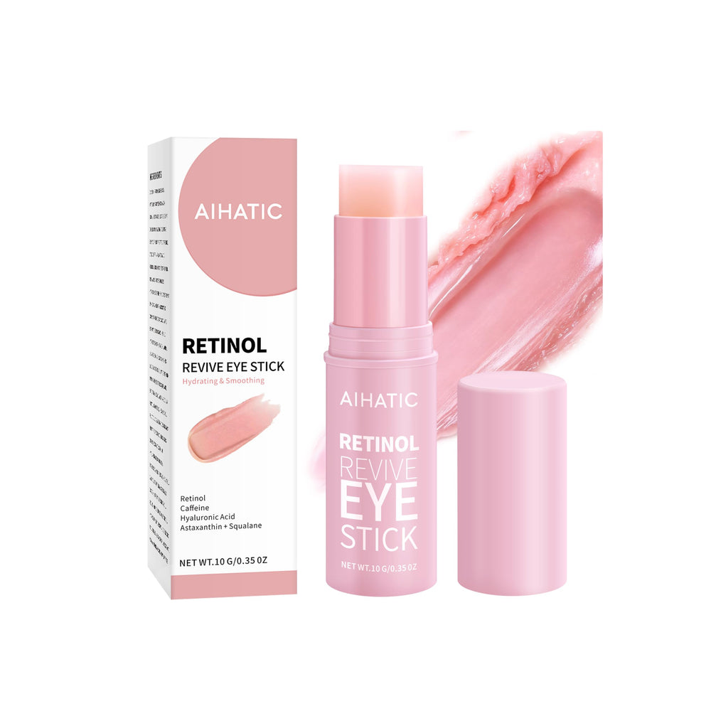Aihatic bálsamo de ojos con retinol y cafeína, enfoque en aplicación para reducir ojeras e hinchazón.