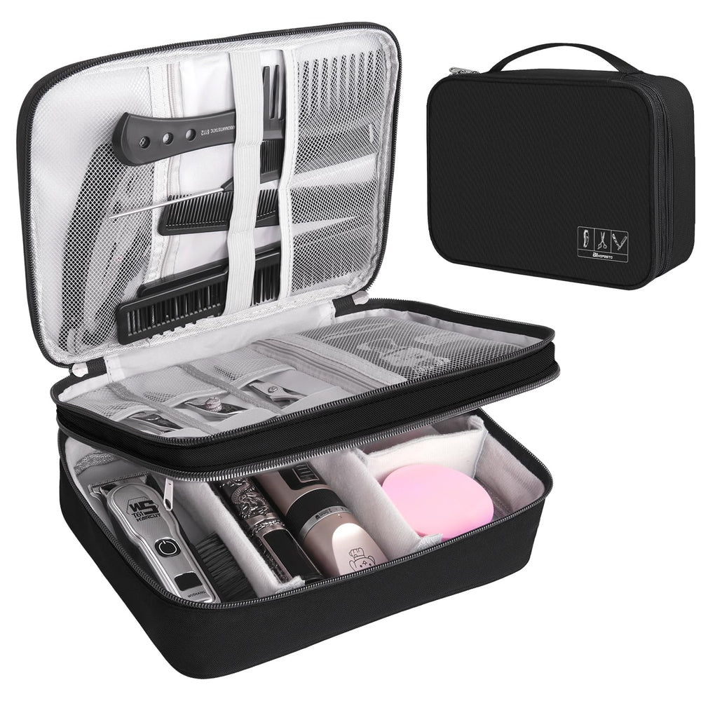 AIHOPESTO Barber Case exterior negro resistente, ideal para transporte seguro de herramientas.