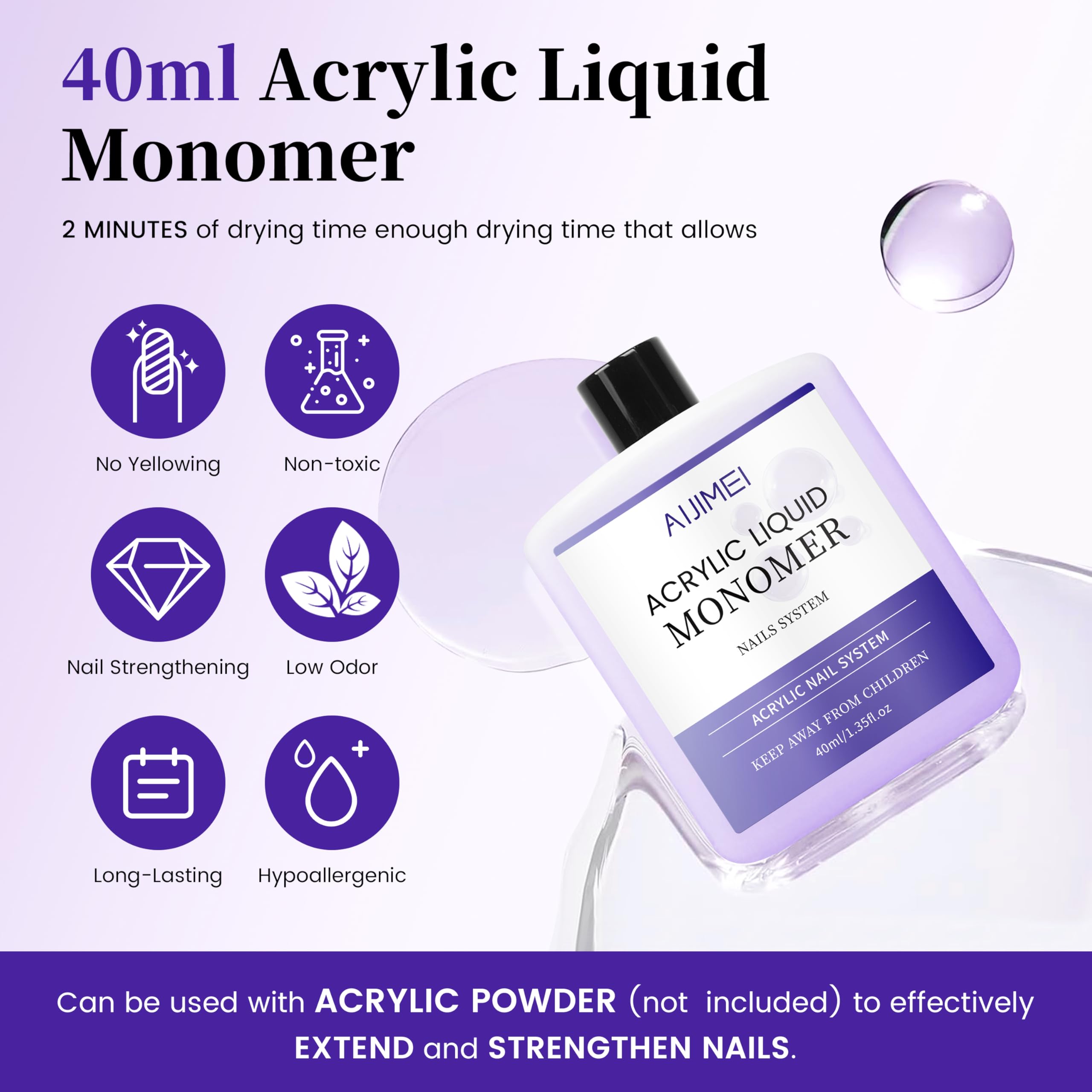 AIJIMEI líquido acrílico 40 ml, amplia compatibilidad para uñas cristal y extensiones.
