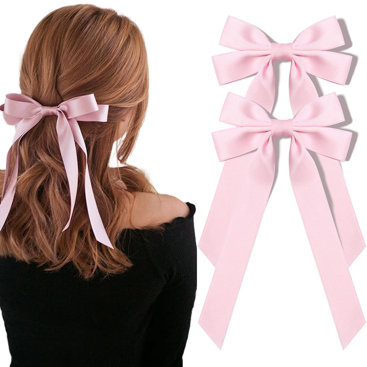 Lazo satinado rosa de Aileam con pinza mordaza para peinado elegante.