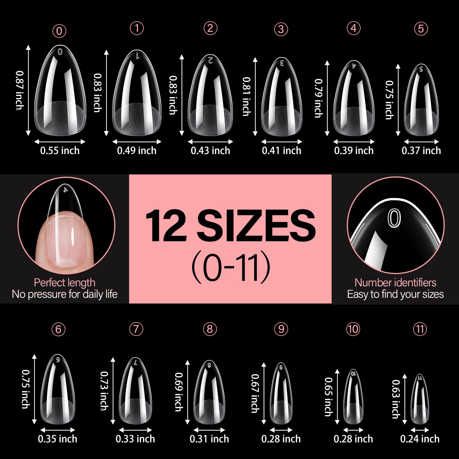Doce tallas disponibles de uñas AILLSA para ajuste personalizado.