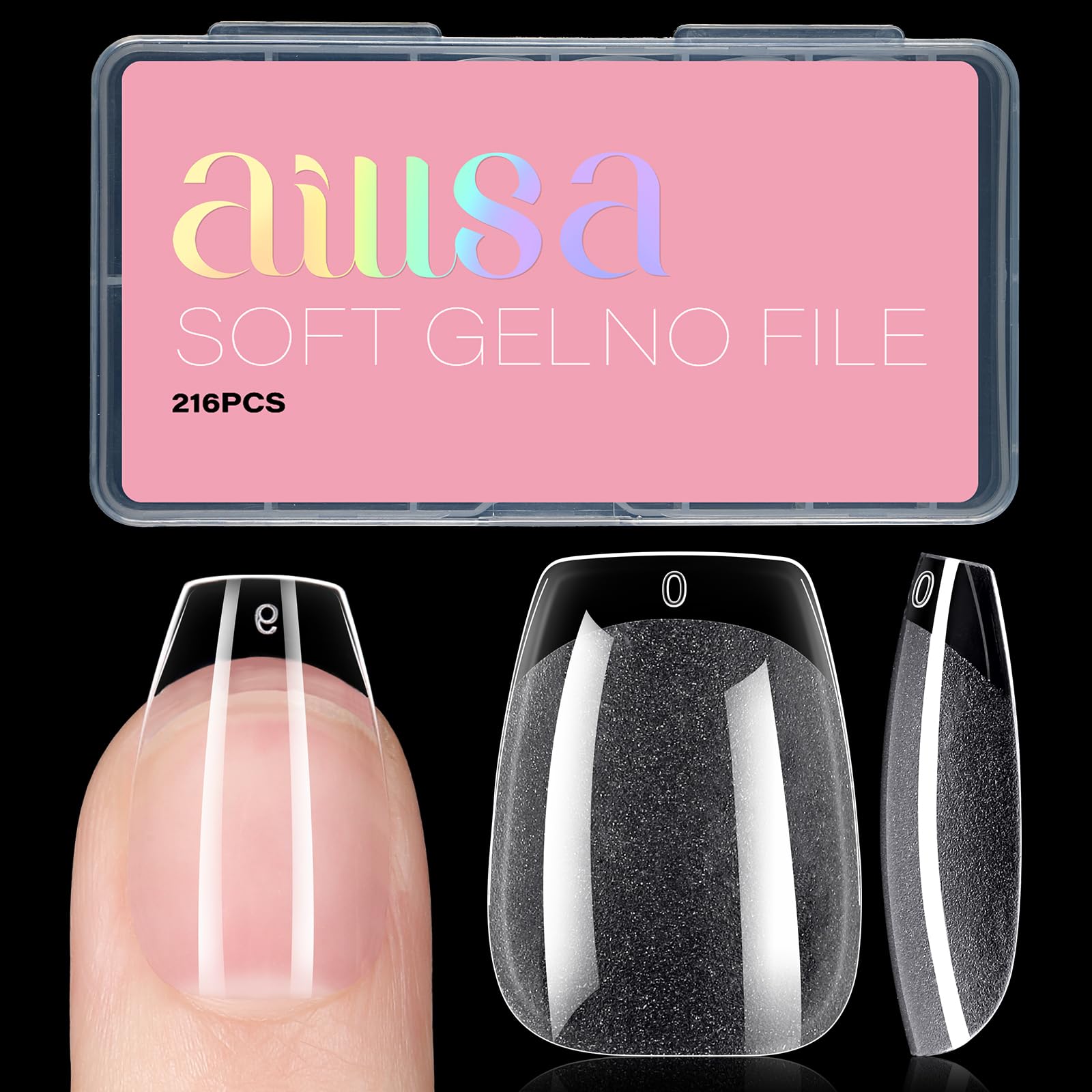 Unas AILLSA tips coffin cortas transparentes en gel para un acabado natural.