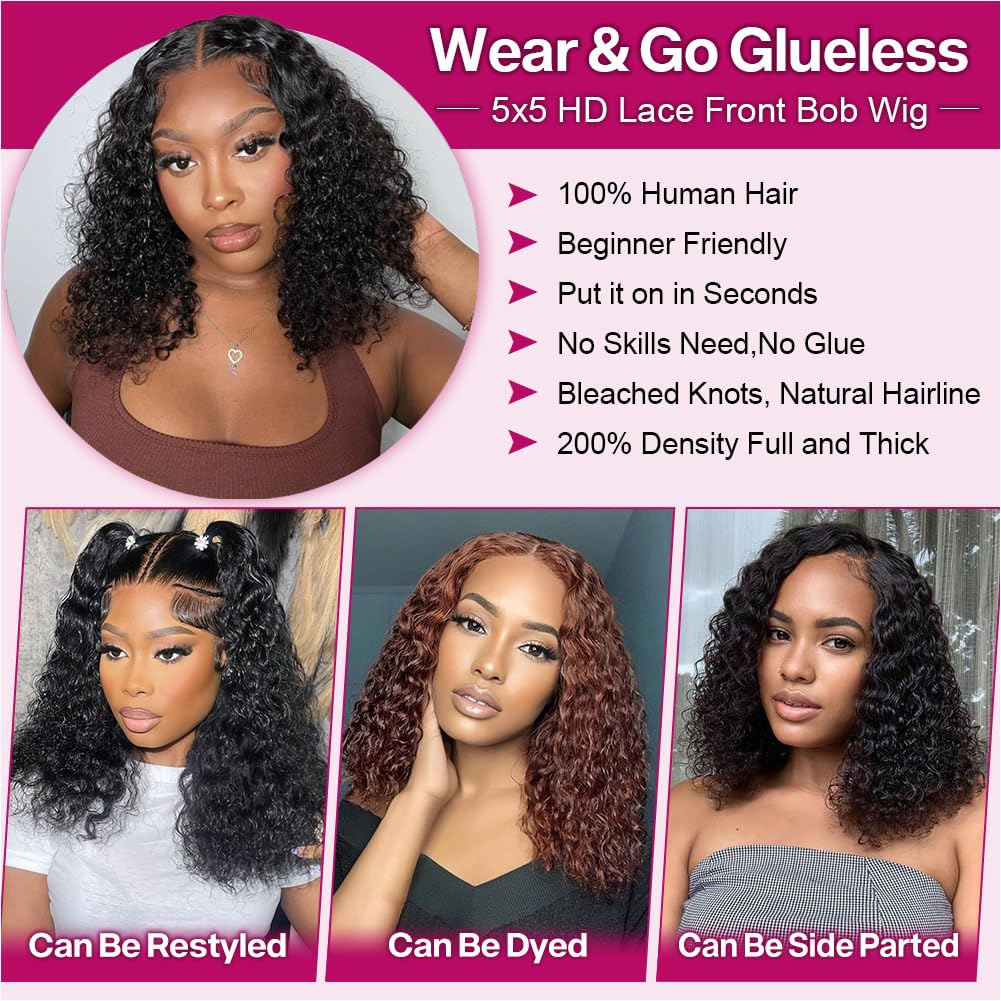 Ailwelia Curly Bob Wig con cierre de encaje transparente para raya natural.